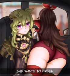 Rule 34 | 2girls, amber (genshin impact), ass, blush, breasts, brown hair, car, car interior, collei (genshin impact), deivax draws, english text, fake phone screenshot, fake screenshot, genshin impact, green hair, hair between eyes, hair ornament, he wants to order (meme), highres, long hair, looking at viewer, meme, motor vehicle, multicolored hair, multiple girls, over-kneehighs, purple eyes, red thighhighs, self-upload, short hair, shorts, smile, smirk, snapchat, thighhighs, thighs, two-tone hair