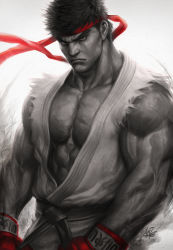 Rule 34 | 1990s (style), 1boy, abs, black hair, dougi, eyebrows, gloves, headband, highres, looking at viewer, male focus, monochrome, muscular, pectorals, ryu (street fighter), sleeveless, solo, spot color, stanley lau, street fighter, street fighter ii (series), thick eyebrows, upper body