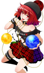 Rule 34 | 1girl, bare shoulders, belt, black shirt, breasts, chain, cleavage, collar, earth (ornament), eichi yuu, hecatia lapislazuli, highres, holding, looking at viewer, medium breasts, miniskirt, moon (ornament), multicolored clothes, multicolored skirt, off-shoulder shirt, off shoulder, plaid, plaid skirt, red eyes, red hair, shirt, simple background, skirt, smile, solo, t-shirt, thigh strap, tongue, tongue out, touhou, unmoving pattern, white background