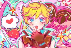 Rule 34 | 1boy, blonde hair, blue eyes, blush, doughnut, ensemble stars!, food, fruit, green hair, harukawa sora, heart, heart on chest, highres, looking at viewer, male focus, multicolored hair, official alternate costume, open mouth, peppermint, purple background, short hair, sketch, solo, sparkle, spoken heart, star (symbol), strawberry, switch signal, teeth