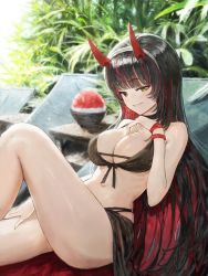 Rule 34 | 1girl, bikini, black bikini, black hair, bowl, breasts, chair, character request, choker, cleavage, fake horns, final gear, food, highres, horned headwear, horns, large breasts, looking at viewer, multicolored hair, navel, plant, red hair, shaved ice, sitting, smile, solo, sonchi, spoon, swimsuit, yellow eyes