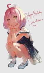 Rule 34 | 1girl, absurdres, ahoge, bare shoulders, bracelet, candy hair ornament, commentary request, crown, food-themed hair ornament, full body, gradient hair, green eyes, hair ornament, happy birthday, heterochromia, high heels, highres, himemori luna, himemori luna (sundress), hololive, hyde (tabakko), jewelry, looking at viewer, multicolored hair, necklace, pink hair, purple eyes, socks, solo, squatting, virtual youtuber, white socks