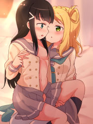 Rule 34 | 2girls, arm around back, black hair, blonde hair, blue eyes, blush, braid, breasts, buttons, crown braid, double-breasted, face-to-face, green eyes, hair ornament, hair rings, hairclip, hand on another&#039;s thigh, highres, kurosawa dia, long sleeves, love live!, love live! sunshine!!, miniskirt, mole, mole under mouth, multiple girls, navel, neckerchief, unworn neckerchief, ohara mari, open clothes, open mouth, open skirt, pipette1223, pleated skirt, saliva, saliva trail, school uniform, serafuku, sitting, sitting on lap, sitting on person, skirt, small breasts, tears, tie clip, yuri