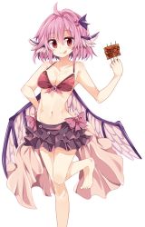 Rule 34 | 1girl, animal ears, arm at side, bare legs, barefoot, bikini, bikini skirt, bird wings, breasts, cleavage, food, frilled bikini, frills, front-tie top, highres, looking at viewer, maturiuta sorato, medium breasts, microskirt, miniskirt, mystia lorelei, navel, pink hair, polka dot, red eyes, simple background, skirt, smile, solo, standing, standing on one leg, swimsuit, tongue, tongue out, touhou, white background, wings
