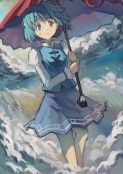 Rule 34 | 1girl, absurdres, blue hair, cloud, floating hair, geta, heterochromia, highres, holding, holding umbrella, karakasa obake, kornod, short hair, skirt, sky, socks, solo, tatara kogasa, touhou, umbrella, walking