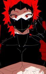Rule 34 | 1boy, black background, black gloves, boku no hero academia, covered mouth, cracked skin, gloves, hane11254, highres, kirishima eijirou, looking at viewer, male focus, mask, pectorals, red eyes, red hair, solo, spiked hair, straight-on, twitter username, upper body, veins