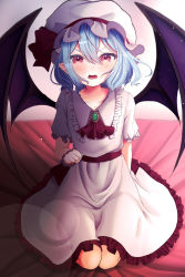 Rule 34 | 1girl, ascot, bat wings, blue hair, blush, brooch, dress, fang, frills, hair between eyes, hat, hat ribbon, highres, jewelry, looking at viewer, mob cap, open mouth, puffy short sleeves, puffy sleeves, red eyes, remilia scarlet, ribbon, short hair, short sleeves, sitting, solo, tears, touhou, wings, wrist cuffs, yamazakura118