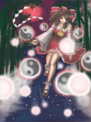 Rule 34 | 1girl, bamboo, bamboo forest, blush, bobby socks, brown eyes, brown hair, detached sleeves, dutch angle, female focus, forest, full body, hakurei reimu, long sleeves, looking at viewer, mary janes, nature, outdoors, ponytail, red skirt, shoes, sidelocks, skirt, socks, solo, touhou, vest, walking, white socks, yin yang, yuu (hi lite)