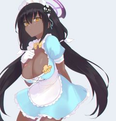 Rule 34 | 1girl, absurdres, alternate costume, alternate hairstyle, apron, black hair, blue archive, blue background, bow, bowtie, breasts, cat hair ornament, cleavage, closed mouth, dark-skinned female, dark skin, dress, frilled dress, frills, gloves, hair between eyes, hair ornament, hair ribbon, halo, highres, karin (blue archive), kyuuri (miyako), large breasts, long hair, looking at viewer, maid headdress, ribbon, simple background, solo, twintails, waist apron, waitress, white gloves, yellow bow, yellow bowtie, yellow eyes