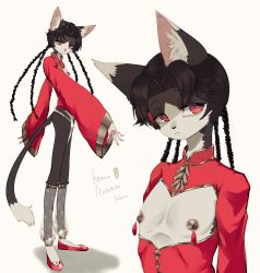 Rule 34 | 1boy, androgynous, animal ear fluff, animal ears, bulge, cat ears, cat tail, chinese clothes, furry, furry male, looking at viewer, male focus, original, parted bangs, pasties, quad braids, red eyes, sasamino, shoes, simple background, slit pupils, solo, standing, tail, white background, wide sleeves