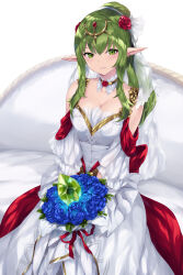 Rule 34 | 1girl, bare shoulders, blue flower, blue rose, bouquet, breasts, cait aron, cleavage, commentary, detached sleeves, dress, fire emblem, fire emblem awakening, fire emblem heroes, flower, gem, green eyes, green gemstone, green hair, hair between eyes, hair flower, hair ornament, headpiece, highres, holding, holding bouquet, large breasts, long hair, long sleeves, looking at viewer, nintendo, official alternate costume, parted lips, pointy ears, ponytail, red flower, red rose, rose, simple background, sitting, sleeveless, sleeveless dress, smile, solo, tiki (adult) (fire emblem), tiki (fire emblem), wedding dress, white background, white dress, white sleeves