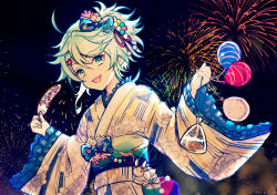 Rule 34 | 1boy, :d, ahoge, aqua nails, blush, bow, commentary request, eyeliner, fireworks, fish, floral print, flower, green eyes, green hair, hair flower, hair ornament, holding, holostars, japanese clothes, kagami kira, kimono, long sleeves, looking at viewer, male focus, nail polish, night, official alternate costume, open mouth, red eyeliner, sketch, sky, smile, solo, trap, upper body, virtual youtuber, wide sleeves, yoruhachi, yukata
