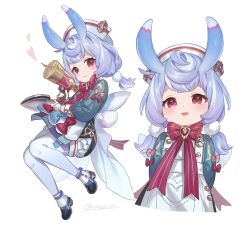 Rule 34 | 1girl, animal ears, arms behind back, blue bow, blue hair, blush, bow, closed mouth, dress, genshin impact, gloves, hair ornament, hat, heart, highres, holding, long hair, long sleeves, looking at viewer, low-tied long hair, multiple views, open mouth, pantyhose, pink bow, pom pom (clothes), pom pom hair ornament, red bow, red eyes, shoes, sigewinne (genshin impact), simple background, twintails, unapoppo, white background, white gloves, white pantyhose