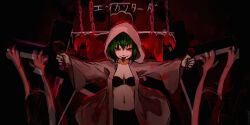 Rule 34 | 2girls, bikini, bikini top only, blood, bloody tears, chain, chimera (maha&#039;s story), echidna (maha&#039;s story), egypt, encantada (vocaloid), green hair, gumi, hatsune miku, holding, hood, hood up, horror (theme), japanese text, maha&#039;s story, mahas story, masa works design, matryoshka-ruth, multiple girls, murder, navel, o-ring, o-ring top, open clothes, open robe, outstretched arms, red eyes, ritual, robe, short hair, smile, solo focus, song name, swimsuit, tongue, tongue out, translated, violence, vocaloid, weapon