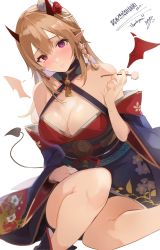 Rule 34 | 1girl, absurdres, bare shoulders, blonde hair, breasts, cleavage, demon girl, demon horns, demon tail, demon wings, earrings, highres, horns, japanese clothes, jewelry, kimono, large breasts, looking at viewer, multicolored eyes, oni horns, original, pointy ears, purple eyes, red eyes, shiny skin, sitting, solo, tail, thighs, tomochi (tmc tmc8), wings