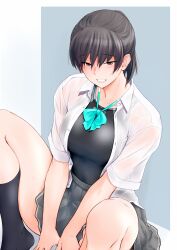 Rule 34 | 1girl, amagami, black eyes, black hair, black one-piece swimsuit, black socks, blue bow, bow, breasts, commentary request, competition swimsuit, feet out of frame, grey skirt, highres, large breasts, no shoes, one-piece swimsuit, pleated skirt, ponytail, sasaki akira (ugc), see-through, see-through shirt, shirt, short hair, simple background, sitting, skirt, smile, socks, solo, swimsuit, swimsuit under clothes, thighs, tsukahara hibiki, wet, wet clothes, wet shirt, white shirt