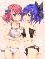 Rule 34 | 2girls, :o, arm grab, ass, ass cutout, back, bare arms, bare legs, bare shoulders, black bra, black panties, blue eyes, blue hair, blush, bow, bra, bracelet girls, breast hold, breasts, butt crack, cat cutout, cat ear panties, cat lingerie, cat tail, cleavage, cleavage cutout, clothing cutout, collarbone, female focus, frilled bra, frills, from side, green eyes, hair bow, holding hands, hiiragi yuzu, hug, interlocked fingers, jyon104, legs, lingerie, looking at viewer, looking back, matching outfits, medium breasts, meme attire, midriff, multicolored hair, multiple girls, musical note, navel, neck, panties, pink hair, ponytail, serena (yu-gi-oh!), short hair, short twintails, siblings, side-tie panties, sisters, smile, standing, strapless, strapless bra, tail, twins, twintails, two-tone hair, underwear, white bra, white panties, yu-gi-oh!, yu-gi-oh! arc-v, yuri