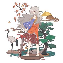 Rule 34 | 1girl, aibivy, argyle, argyle clothes, argyle cutout, autumn leaves, bare shoulders, barefoot, bird, bird request, bow, brown skirt, clothing cutout, detached sleeves, full body, grey hair, hatchet, highres, long hair, looking at viewer, looking back, nata (tool), red bow, red eyes, sakata nemuno, skirt, smile, solo, touhou, tree, white background