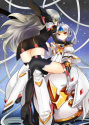 Rule 34 | 2girls, ass, black legwear, boots, braid, code: empress (elsword), code: nemesis (elsword), dual persona, elsword, eve (elsword), expressionless, forehead jewel, french braid, full body, gloves, grey hair, hand on another&#039;s shoulder, knee boots, kokutou mimi, long hair, miniskirt, multiple girls, raven cronwell, robot, short hair, sitting, skirt, thighhighs, thighhighs under boots, yellow eyes