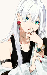 Rule 34 | 1girl, arm strap, bare shoulders, black tank top, blue eyes, bracelet, covering own mouth, crossed bangs, ear piercing, earrings, flat chest, hair between eyes, hand on own chin, head tilt, highres, jacket, jewelry, long hair, looking at viewer, nail polish, necklace, off shoulder, open mouth, original, piercing, red nails, ring, shirt, sidelocks, simple background, sleeveless, sleeveless shirt, solo, straight hair, stud earrings, tank top, upper body, watch, white background, white hair, white jacket, wristwatch, yagi (shiro yagi)