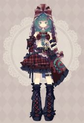 Rule 34 | 1girl, adapted costume, argyle, argyle background, argyle clothes, black footwear, boots, bow, brown skirt, closed mouth, cross-laced footwear, frilled ribbon, frilled skirt, frills, front ponytail, full body, green eyes, green hair, hair bow, hair ribbon, highres, kagiyama hina, lace-up boots, long hair, nikorashi-ka, plaid, plaid skirt, pleated skirt, red bow, red ribbon, ribbon, skirt, solo, touhou