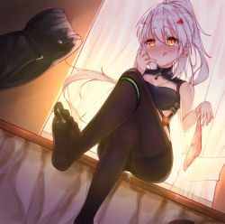 Rule 34 | 1girl, :q, ayanami (azur lane), azur lane, black pantyhose, black shorts, blush, bow, bow panties, breasts, brown eyes, cleavage, closed mouth, crossed legs, curtains, drooling, dutch angle, glowing, glowing eyes, hair ornament, hand up, high ponytail, holding, holding clothes, holding panties, holding underwear, long hair, medium breasts, no shoes, nose blush, panties, unworn panties, panties under pantyhose, pantyhose, pink panties, ponytail, prpr friends, saliva, short shorts, shorts, unworn shorts, silver hair, sitting, smile, soles, solo, suggestive fluid, thighband pantyhose, tongue, tongue out, transparent, underwear, very long hair, window