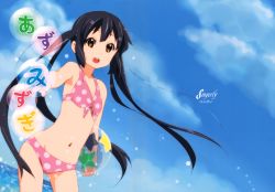 Rule 34 | 1girl, absurdres, ball, bare shoulders, beachball, bikini, black hair, brown eyes, cloud, dated, day, errant, foreshortening, highres, k-on!, long hair, looking at viewer, nakano azusa, navel, open mouth, outdoors, outstretched arm, polka dot, polka dot bikini, polka dot swimsuit, sidelocks, sky, smile, solo, swimsuit, translated, twintails, wading