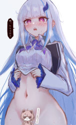 Rule 34 | 2girls, blue hair, blush, bottomless, breasts, censored, character censor, clothes lift, colored inner hair, frilled sleeves, frills, hair ornament, highres, hitanu, inui toko, lifting own clothes, lize helesta, lize helesta (1st costume), long hair, long sleeves, medium breasts, multicolored hair, multiple girls, navel, nijisanji, novelty censor, open mouth, purple eyes, shirt lift, tearing up, translation request, very long hair, virtual youtuber, white hair