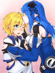 Rule 34 | 2girls, ;o, arm grab, back, belt, belt skirt, black gloves, blue eyes, blue hair, blush, bow, breasts, clenched hand, closed eyes, colored eyelashes, embarrassed, fingerless gloves, flower, from side, gloves, hair between eyes, hair bow, hair flower, hair ornament, hamano ikusa, hand on another&#039;s cheek, hand on another&#039;s face, iris (ryou@ryou), kiss, kissing forehead, long hair, magia savior, multiple girls, nose blush, one eye closed, original, outline, phantasy star, phantasy star online 2, pink background, pointy ears, ryou@ryou, short hair, surprised, turtleneck, upper body, wince, yuri