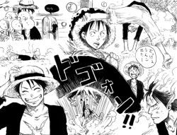 Rule 34 | 13g4, eating, fighting, hat, male focus, monkey d. luffy, monochrome, multiple boys, multiple persona, one piece, rubber, sabaody archipelago, sandals, sanji (one piece), scar, ship, shorts, smile, straw hat, usopp, watercraft