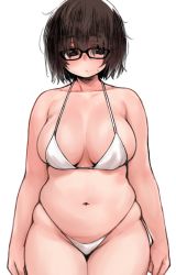 Rule 34 | 1girl, arms at sides, bare arms, bare shoulders, bikini, breasts, brown eyes, brown hair, glasses, large breasts, looking to the side, moru (monaka), navel, original, plump, short hair, simple background, solo, standing, sweatdrop, swimsuit, thick eyebrows, white background, white bikini