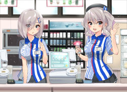 Rule 34 | 2girls, absurdres, alternate costume, barcode scanner, beret, black skirt, blue eyes, blurry, bow, breasts, buttons, cash register, contemporary, convenience store, cowboy shot, depth of field, employee uniform, eyes visible through hair, food, hair bow, hair ornament, hair over one eye, hairclip, hamakaze (kancolle), hat, highres, indoors, kantai collection, kashima (kancolle), large breasts, lawson, lips, long hair, long sleeves, looking at viewer, miniskirt, multiple girls, name tag, parted lips, pink lips, pleated skirt, sarfata, shirt, shop, short hair, short sleeves, sidelocks, silver hair, skirt, storefront, striped clothes, striped shirt, tsurime, twintails, uniform, vertical-striped clothes, vertical-striped shirt, wavy hair