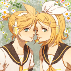 Rule 34 | 1boy, 1girl, bad id, bad pixiv id, blonde hair, blue eyes, bow, brother and sister, flower, hair bow, hair ornament, hairclip, headset, kagamine len, kagamine rin, one eye closed, short hair, siblings, smile, tim (tim411), twins, vocaloid, wink