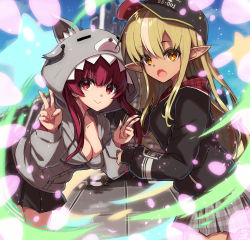 Rule 34 | 2girls, :o, animal hood, black jacket, black skirt, blonde hair, breasts, brown eyes, cleavage, closed mouth, commentary request, cosplay, cowboy shot, double v, fang, grey jacket, grey skirt, hair between eyes, highres, hololive, hood, hood up, hooded jacket, houshou marine, houshou marine (1st costume), houshou marine (cosplay), jacket, leaning forward, long hair, long sleeves, looking at viewer, medium breasts, multicolored hair, multiple girls, open mouth, plaid, plaid skirt, pointy ears, puffy long sleeves, puffy sleeves, ralf, red eyes, red hair, shiranui flare, skin fang, skirt, smile, standing, streaked hair, v, virtual youtuber, white hair