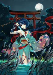 Rule 34 | 1girl, absurdres, armpits, bandages, beads, blue hair, fireflies, floral print, full moon, highres, japanese clothes, katana, kimono, looking at viewer, loose clothes, monogo, moon, mouth hold, night, night sky, obi, off shoulder, original, red eyes, sash, short hair, sky, solo, sword, torii, water, weapon