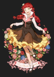 Rule 34 | 10s, 1girl, absurdres, black background, braid, bungou stray dogs, character name, flower, green eyes, hair flower, hair ornament, highres, leaf, long hair, lucy maud montgomery, lucy maud montgomery (bungou stray dogs), open mouth, ramgu, red hair, rose, simple background, solo, teeth, twin braids