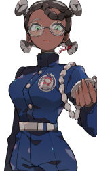 Rule 34 | 1girl, amarys (pokemon), belt, belt buckle, blue jacket, blue pants, brown hair, buckle, buttons, closed mouth, commentary request, creatures (company), dark-skinned female, dark skin, eyelashes, fingernails, game freak, glasses, green eyes, grey-framed eyewear, highres, holding, holding pocket watch, jacket, kawasaki (kwsk 8765), long sleeves, nintendo, pants, pocket watch, pokemon, pokemon sv, semi-rimless eyewear, short hair, simple background, solo, watch, white background