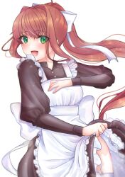 Rule 34 | 1girl, :d, absurdres, apron, apron lift, black dress, blush, bow, brown hair, clothes lift, cowboy, cowboy western, doki doki literature club, dress, dress lift, eyelashes, eyes visible through hair, floating hair, frilled apron, frills, garter belt, garter straps, green eyes, hair bow, hand on own chest, happy, head tilt, highres, juliet sleeves, leaning back, lifting own clothes, long hair, long sleeves, looking at viewer, looking to the side, maid, maid apron, mi tarou0412, monika (doki doki literature club), multicolored clothes, open mouth, ponytail, puffy sleeves, sidelocks, simple background, smile, solo, sparkle, thighs, tongue, very long hair, western, white apron, white background, white bow, white garter belt, white garter straps