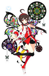 Rule 34 | 1girl, ahoge, asymmetrical clothes, bare shoulders, bike shorts, black gloves, black hair, black thighhighs, bug, butterfly, butterfly wings, chinese clothes, elbow gloves, gloves, ideolo, insect, insect wings, jewelry, looking at viewer, outstretched arms, red eyes, ring, shorts, single glove, single thighhigh, smile, solo, spread arms, thighhighs, twintails, vocaloid, vocanese, wings, yuezheng ling