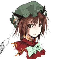Rule 34 | 1girl, animal ears, bow, bowtie, cat ears, cat girl, chen, close-up, closed mouth, dress, female focus, frills, green bow, green bowtie, hat, kereno, lips, looking at viewer, mob cap, pointy ears, red dress, short hair, smile, solo, touhou, upper body