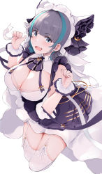Rule 34 | 1girl, animal ears, apron, aqua eyes, aqua hair, azur lane, breasts, cheshire (azur lane), cleavage, detached sleeves, dress, fake animal ears, frilled hairband, frilled headband, frilled ribbon, frills, garter straps, hairband, highres, itete, large breasts, long ribbon, looking at viewer, maid, multicolored hair, open mouth, paw pose, puffy detached sleeves, puffy sleeves, purple apron, purple hair, ribbon, simple background, solo, thighhighs, two-tone hair, white thighhighs, wrist cuffs