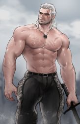 Rule 34 | 1boy, abs, arm hair, bara, beard, bulge, chest hair, dopey (dopq), facial hair, feet out of frame, geralt of rivia, highres, holding, holding weapon, jewelry, large pectorals, male focus, mature male, medium hair, muscular, muscular male, mustache, navel, necklace, nipples, old, old man, original, pants, pectorals, scar, scar across eye, scar on arm, scar on chest, scar on face, solo, stomach, the witcher (series), thick eyebrows, thick thighs, thighs, tight clothes, tight pants, topless male, walking, weapon, white hair