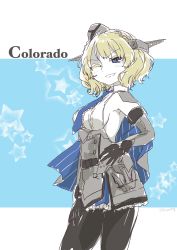 Rule 34 | 1girl, armpits, belt, black gloves, black pantyhose, blonde hair, blouse, blue eyes, blue necktie, blush, braid, breasts, buttons, capelet, collared shirt, colorado (kancolle), commentary, cowboy shot, dress, elbow gloves, english text, garrison cap, gloves, grey dress, hairband, hand on own hip, hand on own thigh, hat, headgear, highres, kantai collection, looking at viewer, nami nami (belphegor-5812), necktie, one eye closed, pantyhose, parted lips, shirt, short hair, side braids, sideboob, sleeveless, smile, solo, twin braids, twitter username, v-shaped eyebrows, white shirt