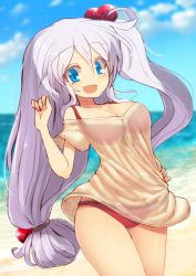 Rule 34 | 1girl, alternate costume, beach, bikini, blue eyes, blue sky, breasts, cleavage, cloud, cowboy shot, day, hair bobbles, hair ornament, hand on own hip, hand up, horizon, kuresento, long hair, looking at viewer, medium breasts, ocean, open mouth, outdoors, red bikini, see-through, shinki (touhou), shirt grab, side ponytail, silver hair, sky, smile, solo, swimsuit, thighs, touhou, touhou (pc-98), very long hair