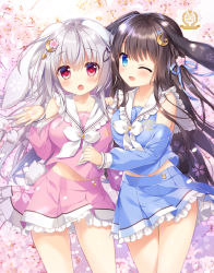 Rule 34 | 2girls, :o, ;d, ameto yuki, animal ears, artist name, black hair, blue eyes, blue ribbon, blue shirt, blue skirt, blue sleeves, blurry, blurry background, blush, breasts, cherry blossoms, collarbone, commentary request, crescent, crescent hair ornament, depth of field, detached sleeves, flower, frilled sailor collar, frilled skirt, frills, hair flower, hair ornament, hair ribbon, hand on another&#039;s shoulder, has bad revision, has watermarked revision, heart, heart hair ornament, highres, long hair, long sleeves, medium breasts, midriff peek, multiple girls, navel, one eye closed, one side up, open mouth, original, pink flower, pink shirt, pink skirt, pink sleeves, pleated skirt, rabbit ears, rabbit girl, rabbit tail, red eyes, ribbon, sailor collar, school uniform, serafuku, shirt, silver hair, skirt, sleeveless, sleeveless shirt, smile, standing, star (symbol), tail, very long hair, white neckwear, white sailor collar