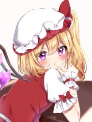 Rule 34 | 1girl, :t, absurdres, against table, alternate eye color, artist name, blonde hair, blush, bow, closed mouth, commentary request, crystal, flandre scarlet, hair between eyes, hair bow, hand on own chin, hat, highres, looking at viewer, looking back, mob cap, one side up, pout, puffy short sleeves, puffy sleeves, purple eyes, red bow, red vest, shinonome asu, short hair, short sleeves, simple background, solo, touhou, upper body, vest, white background, white hat, wings, wrist cuffs