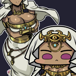 Rule 34 | 1girl, :&lt;, black hair, breast hold, breasts, chibi, chibi inset, cleavage, commentary, dark-skinned female, dark skin, duel monster, egyptian, egyptian clothes, forehead, forehead jewel, hair tubes, hood, hood up, ishizu ishtar, jazz jack, large breasts, lowres, millennium necklace, robe, solid circle eyes, solo, v-shaped eyebrows, white robe, yu-gi-oh!