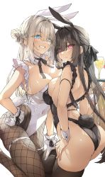 Rule 34 | 2girls, animal ears, ass, bad id, bad twitter id, black bow, black thighhighs, blonde hair, blue eyes, blush, bow, breast press, breasts, brown pantyhose, covered navel, cup, detached collar, drinking glass, embarrassed, eyebrows visible through hat, fake animal ears, fishnets, frills, from behind, gloves, hair between eyes, hair bow, hair bun, hair over one eye, half updo, hand on own hip, highres, large breasts, leotard, long hair, looking at viewer, multiple girls, nontraditional playboy bunny, original, pantyhose, playboy bunny, rabbit ears, rabbit tail, red eyes, shio kouji (shiokojii), shoulder blades, simple background, skindentation, smile, symmetrical docking, tail, thigh strap, thighhighs, thighs, tray, white background, wine glass, wrist cuffs