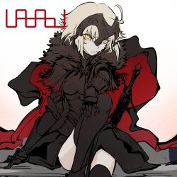 Rule 34 | 1girl, armor, black armor, black cape, blonde hair, cape, closed mouth, crossed legs, fate/grand order, fate (series), hair ornament, hand on own knee, highres, jeanne d&#039;arc alter (fate), looking at viewer, plate armor, red cape, short hair, sitting, solo, sword, uaaaou, weapon, yellow eyes