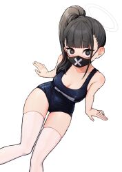 Rule 34 | 1girl, 28 (282teeth), arm support, bare arms, bare shoulders, black eyes, black hair, blue archive, breasts, cleavage, collarbone, commentary request, from above, halo, highres, large breasts, looking at viewer, mask, medium hair, mouth mask, ringed eyes, school swimsuit, side ponytail, simple background, sitting, solo, sukeban (smg) (blue archive), surgical mask, swimsuit, thigh gap, thighhighs, thighs, white background, white thighhighs, wide-eyed